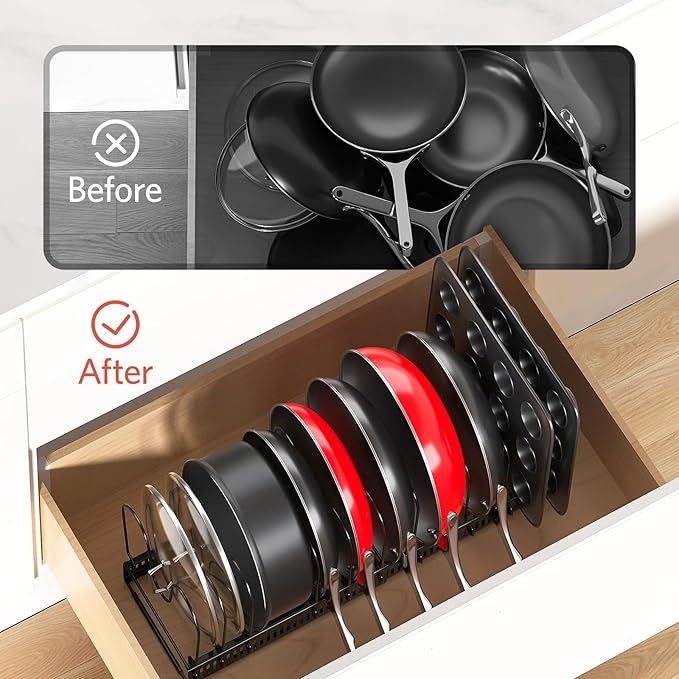 ORDORA Pots and Pans Organizer under Cabinet, Expandable 11.8"-22.8" Pot Lid Holder with 12 Adjustable Dividers, Pan Organizers inside Cabinet for Kitchen Cookware Bakeware, Black