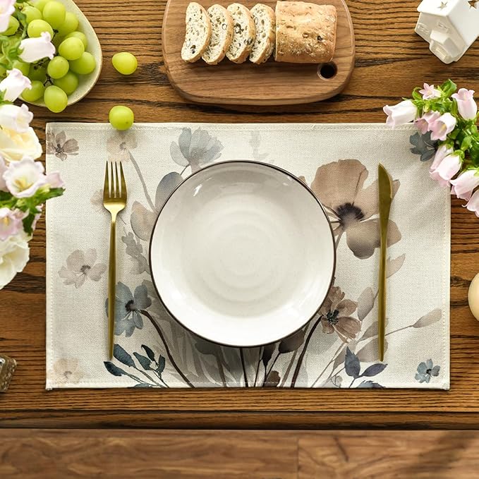 Artoid Mode Brown Poppy Floral Leaves Placemats Set of 6, 12x18 Inch Seasonal Summer Table Mats for Party Kitchen Dining Decoration