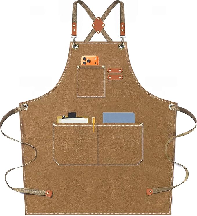 AFUN Chef Aprons for Men Women with Oversized Pockets, 16-Ounce Cotton Canvas Cross Back Heavy Duty Work Apron (Brown)