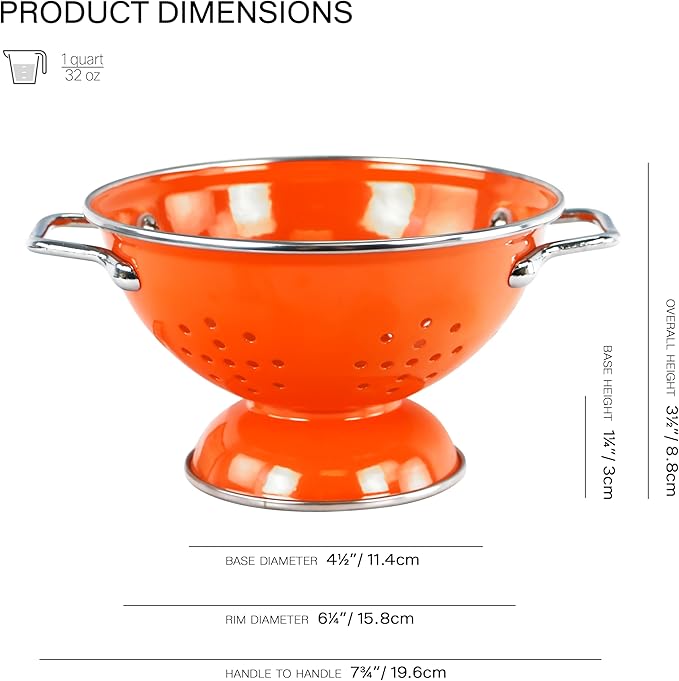 Reston Lloyd, 1 Quart Powder Coated Steel Kitchen Strainer Basket for draining Pasta, Vegetable and Fruit, Chrome Handles and Wide Stable Base, Orange