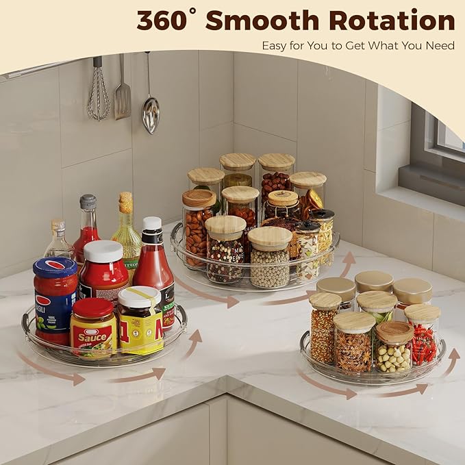 3 Pack Clear Lazy Susan Turntable Organizer for Cabinet, Table Top, Refrigerator, Kitchen Pantry Organizers and Storage, Spice Organizer, 12'', 10.6'', 9.25''