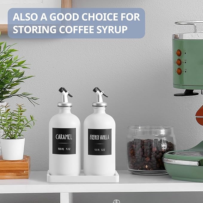 Olive Oil Dispenser Bottle for Kitchen, 16oz Glass Oil and Vinegar Dispenser Set with Wood Tray & 54 Labels - White Cooking Oil Bottles for Kitchen - Coffee Syrup Dispenser - Set of 2