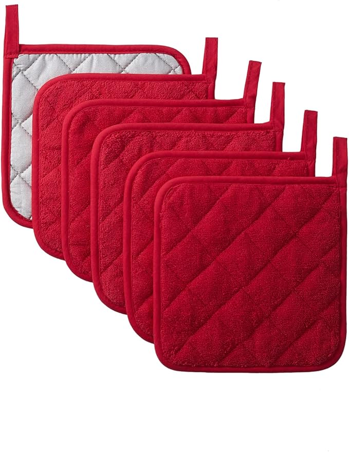 Kitchen Pot Holders Set Heat Resistant Pure Cotton Potholders Kit Trivets Large Coasters Hot Pads Terry Pot Holders for Everyday Cooking and Baking by 7 x 7 Inch Set of 6 Red