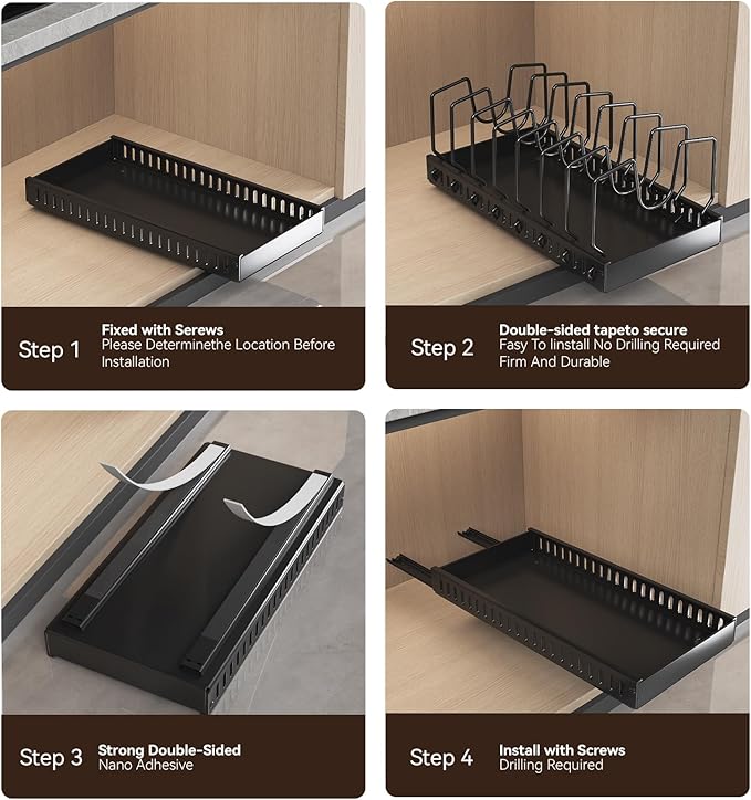 Pots and Pans Organizer Under Cabinet, Pull Out Pots and Pans Organizer, Under Cabinet Pot Lid Holder, Sliding type Pots and Pans Storage for Pot Lid, Bakeware, Dishes, 10 Adjustable Dividers