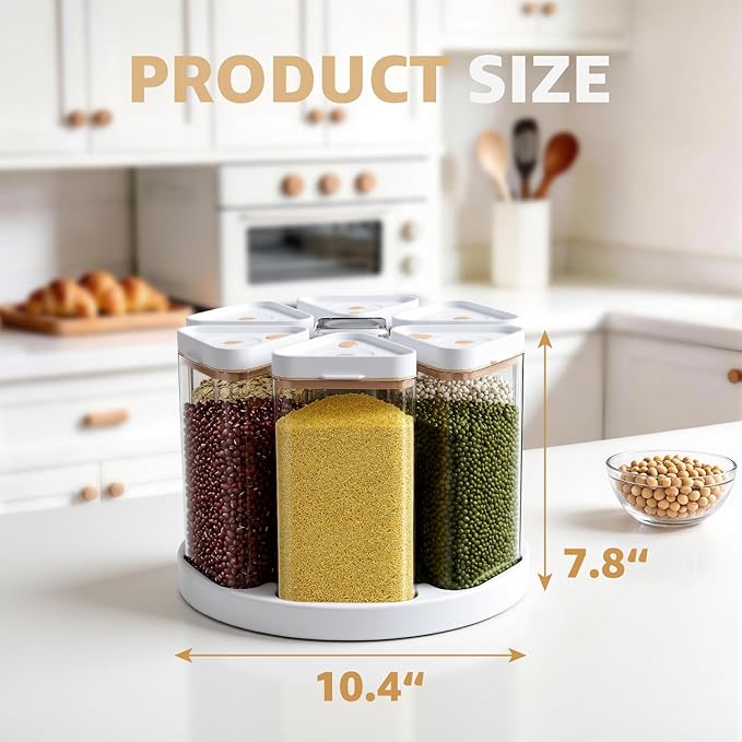Rotating Grain Dispenser with Manual Vacuum Pump - 6-Grid Vacuum-Storage Canister Set, Food Storage Bins for Cereal, Rice, Beans & Bulk Dry Food Pantry Organization