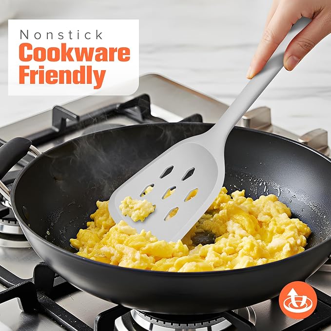 Silicone Cooking Spatula&Slotted Spatulas, Pack of 2,Solid Turner Kitchen Utensils Set for Cooking,Frying, Baking, Flipping, Turning,Heat Resistant 450℉ (GRAY)