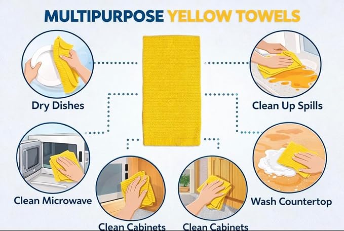 Serafina Home Yellow Kitchen Towels: 100% Cotton Soft Absorbent Ribbed Terry Loop, Set of 3 Multipurpose for Everyday Use Oversized 18" x 28" (Tuscan Lemon)