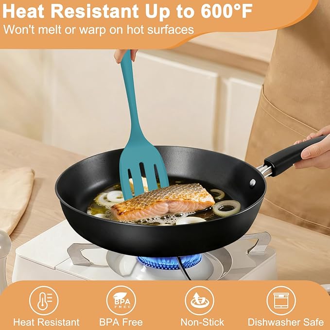 Silicone Spatula Turner Set, 4 Pack, 600°F Heat Resistant Cooking Spatulas, Spoons, BPA Free & Non-Stick Kitchen Utensils, Ideal for Flipping Egg, Pancake, and Serving, Dishwasher Safe (Blue)