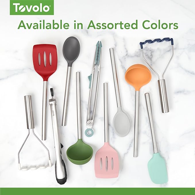 Tovolo Slotted Silicone Spatula Turner Slotted Stainless Steel Handle 10" Pesto Green Heat Resistant Non Toxic BPA Free Kitchen Utensil, Silicone Egg Pancake Flipper Metal Handle Turner for Cooking
