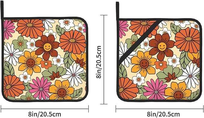 Boho Pot Holders 2PCS,Potholders for Kitchen Heat Resistant Microwave Cooking Baking Oven and Dishes and BBQ Gifts for Women(Retro Groovy Flower)