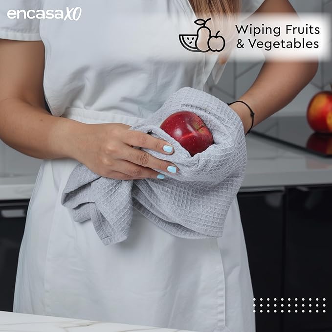 Encasa XO Kitchen Dish Towels Set | Light Grey | Waffle Weave and Flat Hand Tea Towel | 28"x18" | Quick Drying Reusable Cotton Washcloths | Multipurpose Lightweight Dishcloths Set of 4