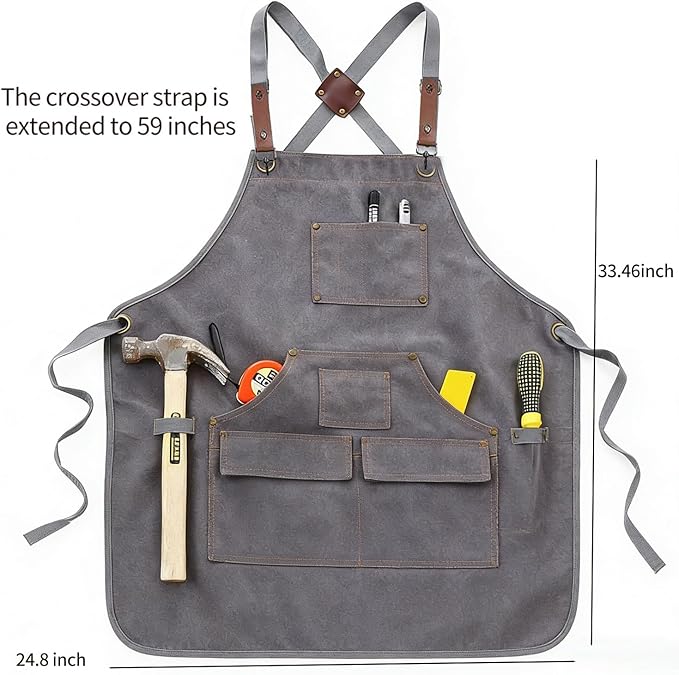 Kitchen apron 16oz canvas with cross-back, waterproof and oil-proof, heavy-duty gardening apron with multiple pockets