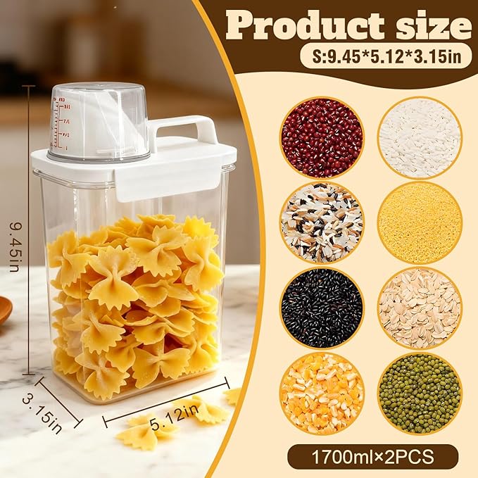 Upgraded Cereal Storage Container Set of 2 - 1700ML (57oz) Airtight Food Storage Organizer with Pour Spout & Measuring Cup for Rice, Flour, Sugar, Oatmeal, Pet Dog Cat Bird Food Dry Food Keep Fresh
