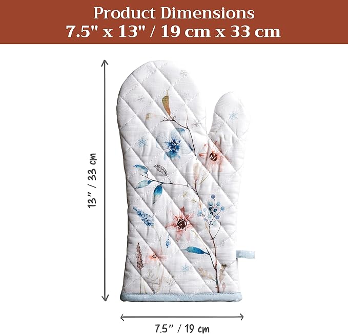 Maison d' Hermine Oven Gloves 100% Cotton Oven Mitt 7" x 13" with Loop Heat Resistant BBQ Cooking Gloves for Thanksgiving Christmas Decorations Baking Handling Hot Pans (Pack of 1, Ice Florals)