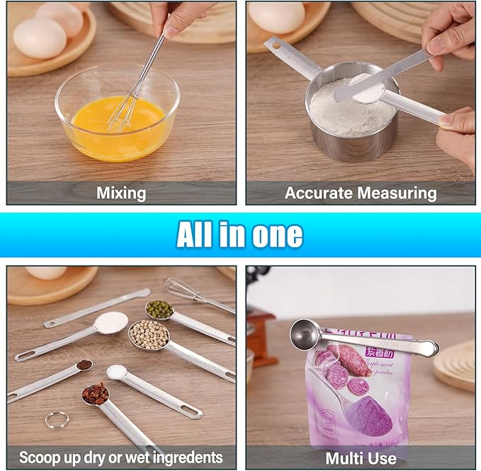 14 Piece Measuring Cups and Spoons Set Stainless Steel - 5 Nesting Measuring Cups & 6 Measuring Spoons, 1 Coffee Scoop & 1 Leveler & 1 Mini Blender for Cooking Baking