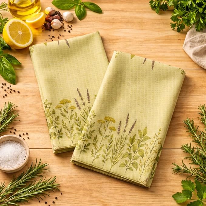 Easter Gift Kitchen Microfiber Waffle Tea Towels Set of 2 Absorbent & Fast Drying Dish Cloths for Cleaning,Vintage Floral Herbs Boho,Decorative Hand Towels for Bathroom, 20x28 Inch(Vintage Five Herbs)