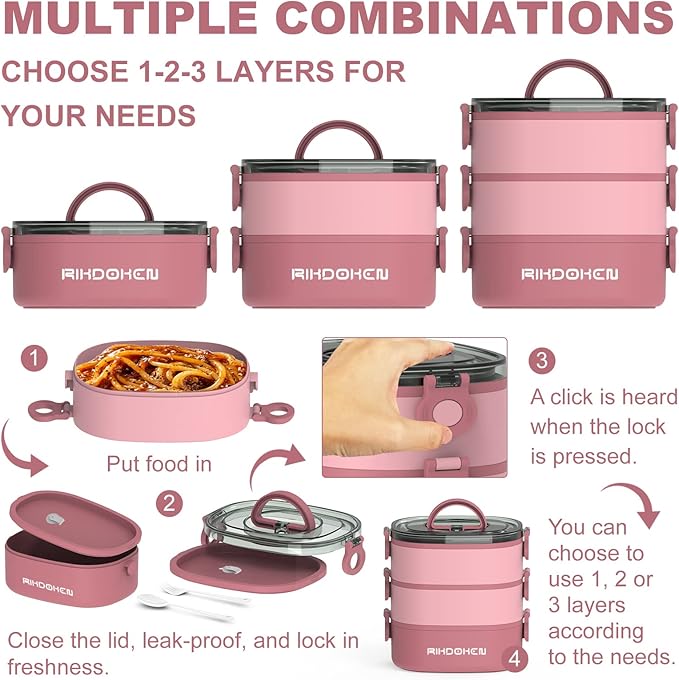 RIKDOKEN Lunch Box, Stackable 3 Layers Containers, Portable 94OZ Large Capacity Leakproof Bento Box with Spoon & Fork & Sauce Boxes, Microwave Safe Lunch Box for Kids and Adults