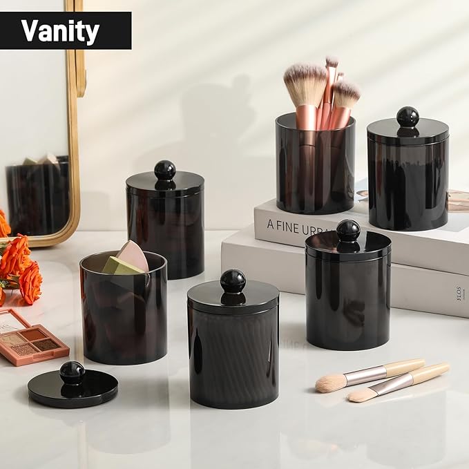 3 Pack Acrylic Qtip Holder Dispenser for Cotton Swabs, Balls, Pads, Floss Picks- Clear Plastic Canister Apothecary Jar Set, Bathroom Essentials Accessories Decor Vanity Makeup Storage Organizer -Black