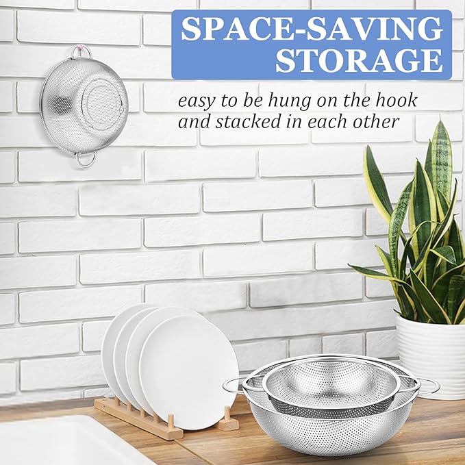 TeamFar Colander Set of 3, Stainless Steel Perforated Metal Colander Strainer with Handles for Spaghetti, Pasta, Berry, Rust Free & Dishwasher Safe - 1/3/5-quart