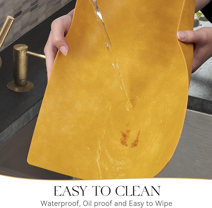 MOSAYT Vinyl Placemats Set of 12-12 X 17 Inch - Faux Leather 100% Waterproof Oil-Proof Wipeable PU Place Mats, Heat Resistant Reversible Table Mats for Kitchen, Dining, Outdoor (Yellow)