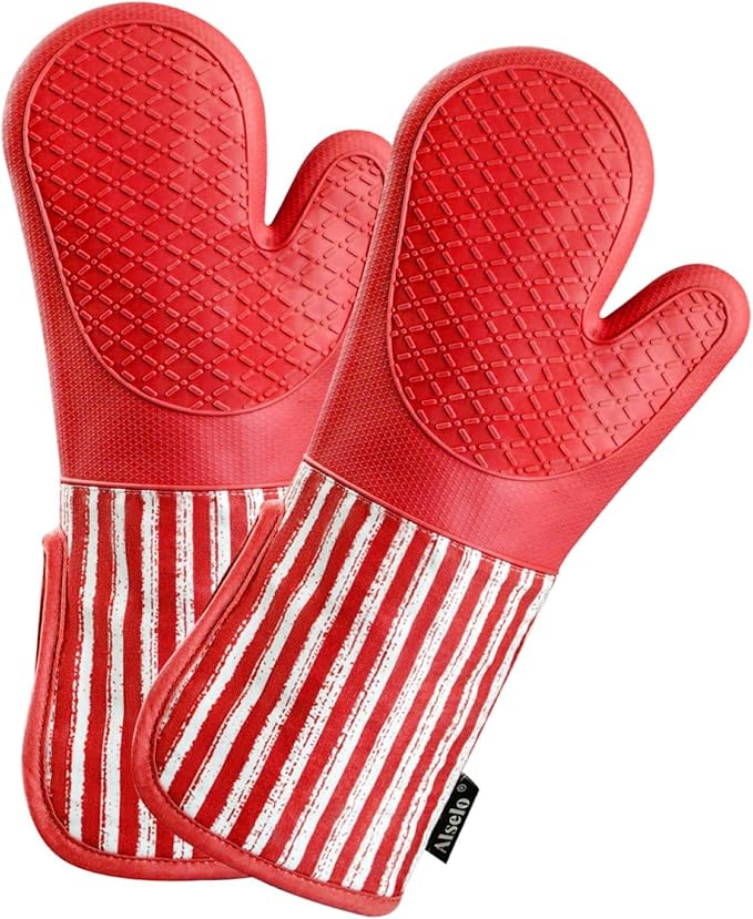 Alselo Silicone Oven Mitts Heat Resistant 932℉ with Waterproof & Non-Slip Kitchen Mittens, Set of 2 Extra Long Oven Gloves with Soft Cotton Terry Lining for Baking Cooking Barbecue (2, Red Mitts)