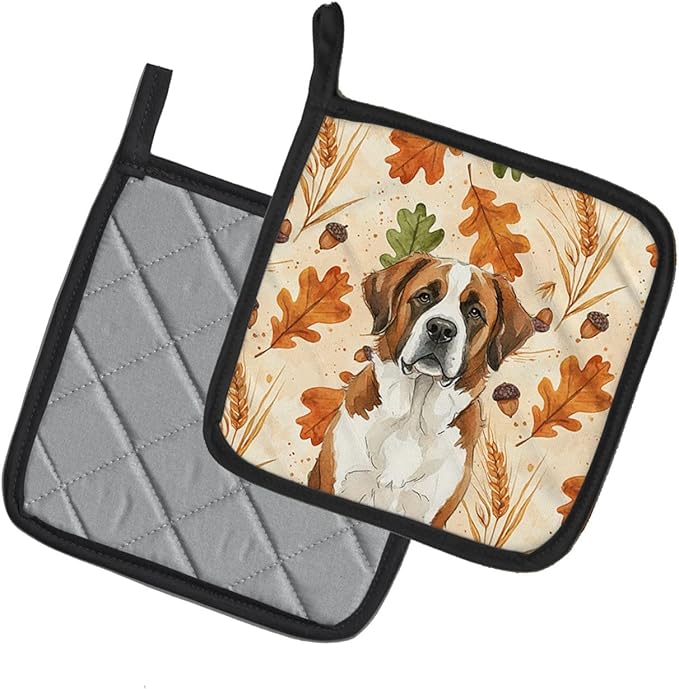 Caroline's Treasures Brown and White Saint Bernard Heirloom Fall Pair of Pot Holders Pair 7.5x7.5 Quilted Insulated Hot Pads Decorative Kitchen Gift Made in USA