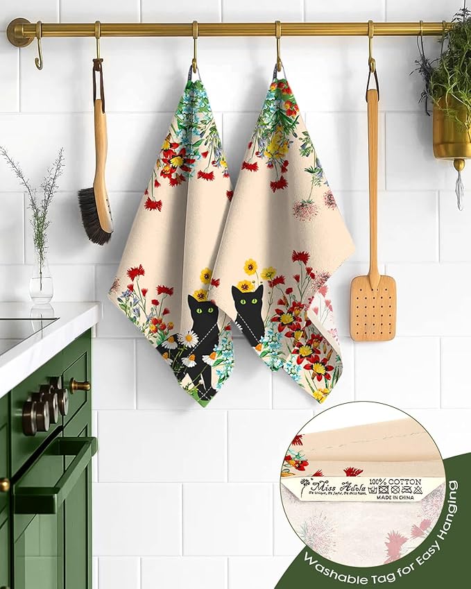 Miss Adola Flour Sack Kitchen Towels - Set of 2 Spring Dish Towels with Hanging Loop 18x26 Inch Absorbent Reusable Cotton Cloths for Cleaning Cute Design Home Decorative Housewarming, Flower Cats