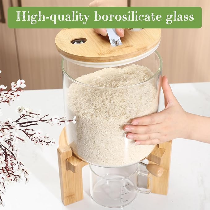 Zhehao 2 Pcs 5L Glass Rice Dispenser Rice Storage Container Flour Cereal Dispenser Container Holder with Wooden Stand Airtight Bamboo Lid and Measuring Cup for Pantry Sugar Coffee Beans Kitchen Food
