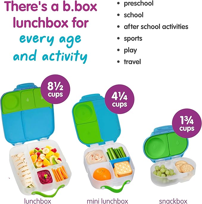 b.box Snack Box - Leakproof Mini Bento Box for Kids & Toddlers, 2 Compartment Snack Containers for Kids, Lunch Containers, Dishwasher Safe, BPA Free, PFAS Free, Ages 4m+, 1 3/4 Cup - Ocean Breeze