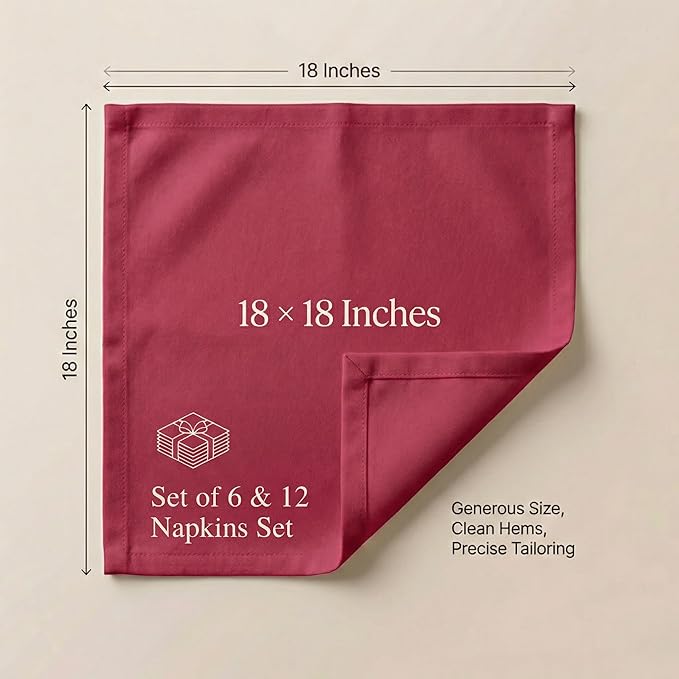 Accent Home 100% Cotton Napkins, Delicate Cloth Napkins for Dinners, Parties and Weddings，18 x 18 Inch Set of 6 - Red