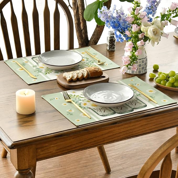 Artoid Mode Eucalyptus Leaves Daisy Vase Spring Placemats Set of 6, 12x18 Inch Seasonal Summer Table Mats for Party Kitchen Dining Decoration