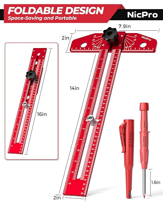 Nicpro Woodworking Scriber Marking Line Ruler, Adjustable Aluminum Alloy Sliding T-Square Ruler with Carpenter Pencil, Angle Adjustment Scale, Precision Line Drawing aid Ruler Tools for Woodworking