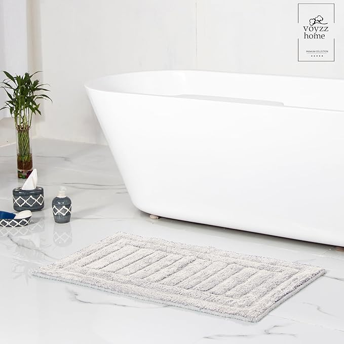 voyzz home Luxurious 100% Cotton Bath Rug Mat - Featuring Ultra-Soft Plushness, Non-Slip Design, Super Water Absorbent and Machine Washable Mats for Bath Floor, Tub and Shower, 17"x24" Striped Grey