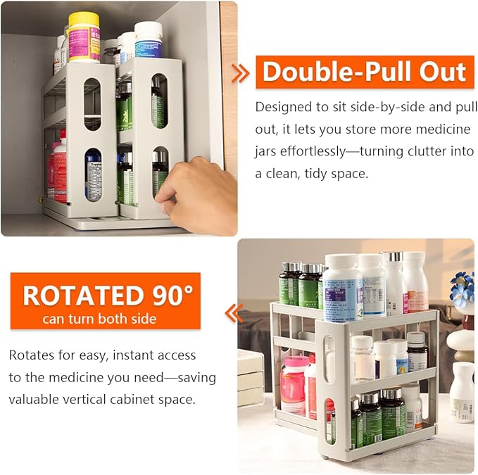 Dutiplus Medicine Organizer 2 Three-Decker Shelves Cabinet Storage Rack Organizer for Holding Vitamins, Supplements Cosmetics (9”H x 5.8”W x 10.4”D) (Dust Gray)
