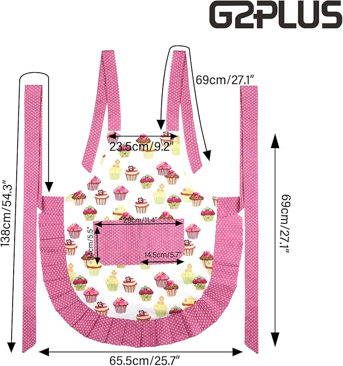 G2PLUS Aprons for Women with Pockets, 29 x 21 Inch Extra Long Ties Cupcake Apron, Pink Vintage Damask Apron for Kitchen Cooking, Baking and Gardening