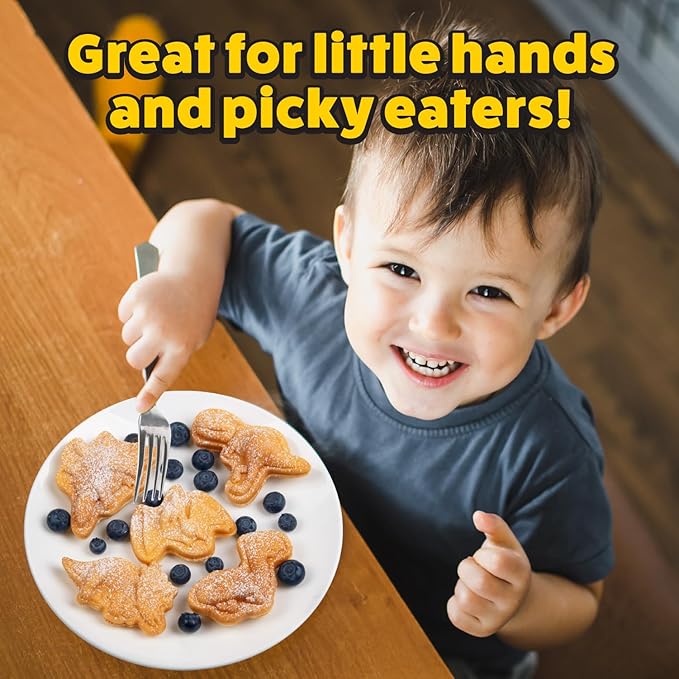 Dinosaur Mini Waffle Maker- 5 Different Double Sided 3D Shaped Dinos in Minutes- Kids Adults Breakfast Fun w/Cool Novelty Pancakes, Electric Baker, Non-Stick Waffler Iron w Recipe Guide, Gift for Him
