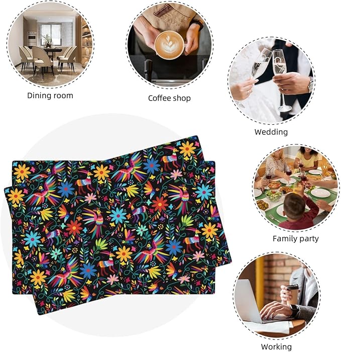 Mexican Folk Art Linen Placemats Set of 4, 12" x 18" Heat Resistant Washable Cute Kitchen Place Mats for Dining Table Fiesta Party FarmhouseCoffee Shop, Boho Home Decor & Gift for Cultural Art Lovers