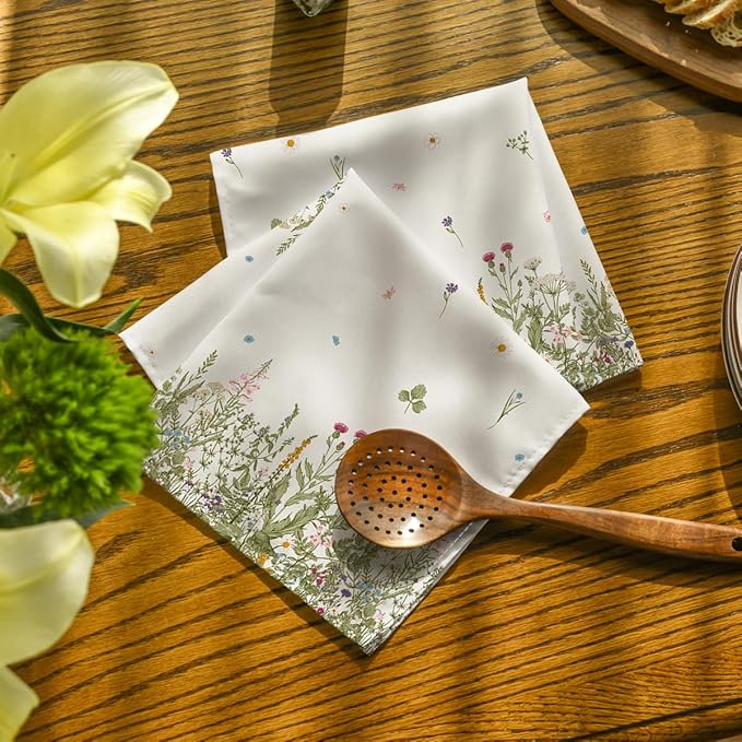 Horaldaily Spring Summer Cloth Napkins 18 x 18 Inch, Wild Flowers Floral Party Dinner Decoration Washable Napkins Set of 6