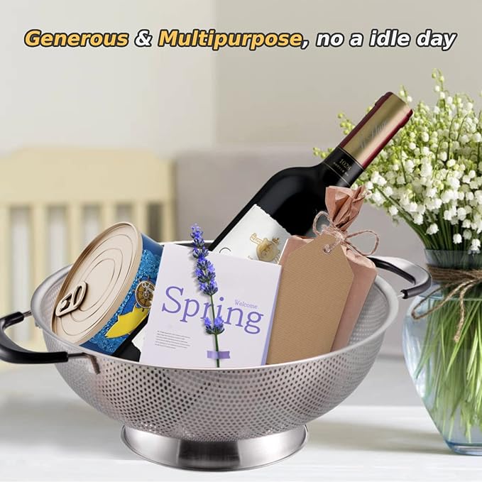 5 Qt Colander 18/8 Stainless Steel Colander Silicone Handle Easy Grip Micro-Perforated Strainer Heavy Duty and Self-draining Solid Ring Base BPA Free Dishwasher Safe - Black