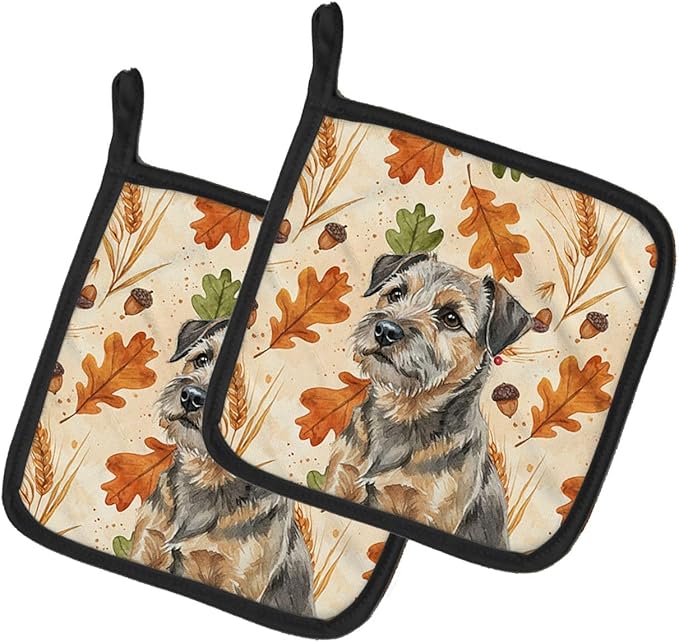 Caroline's Treasures Grizzle and Tan Border Terrier Heirloom Fall Pair of Pot Holders Pair 7.5x7.5 Quilted Insulated Hot Pads Decorative Kitchen Gift Made in USA