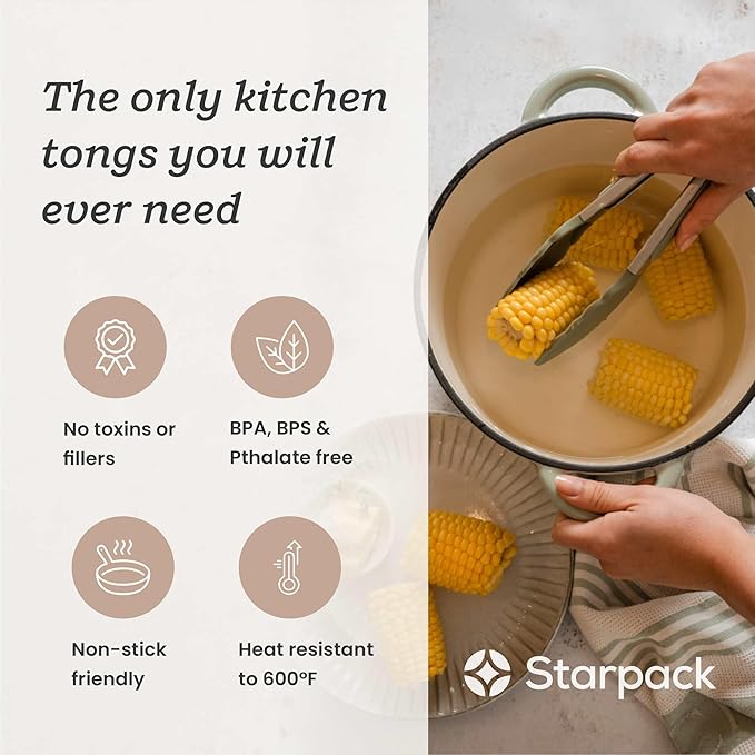 Starpack 'Get a Grip' Silicone Kitchen Tongs for Cooking 9 Inch - BBQ Silicone Tongs for Grill Heat Resistant to 600°F - Stainless Steel Utensils with Non Stick Rubber Tips for Serving Food