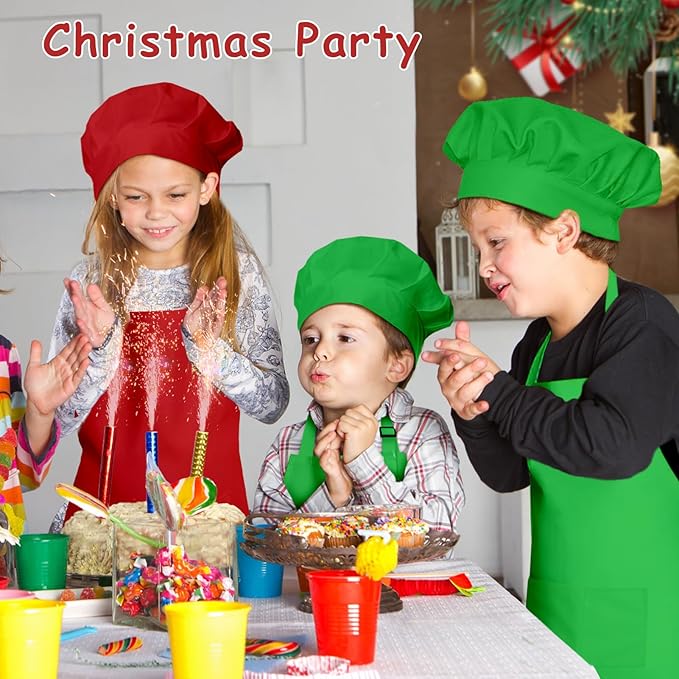 Kids Apron and Chef Hat Set, 16 Pieces Boys Girls Christmas Kids Apron with 2 Pockets Adjustable for Cooking Classroom Baking Painting, 6-13 Years(Red, Green)