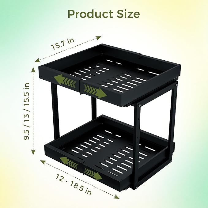Abalter Expandable Pull Out Cabinet Organizer, 2-Tier Slide Out Drawer for Kitchen Cabinets, Adjustable Width 12-18.5", Slide Out Shelves for Kitchen Countertop, Bathroom, Pantry, Heavy Duty Caddy