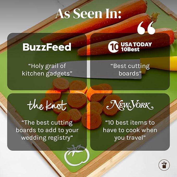 Cooler Kitchen Bamboo Cutting Board Set with 6 Color Coded Flexible Plastic Mats with Food Icons, Labeled Cutting Boards for Kitchen with Holder - BPA-Free Wooden, Dishwasher Safe, Large