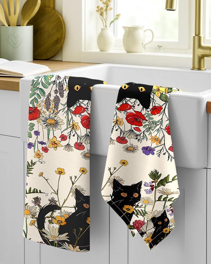 Miss Adola Flour Sack Kitchen Towels - Set of 2 Spring Dish Towels with Hanging Loop 18x26 Inch Absorbent Reusable Cotton Cloths for Cleaning Cute Design Home Decorative Housewarming, Cat in Grass