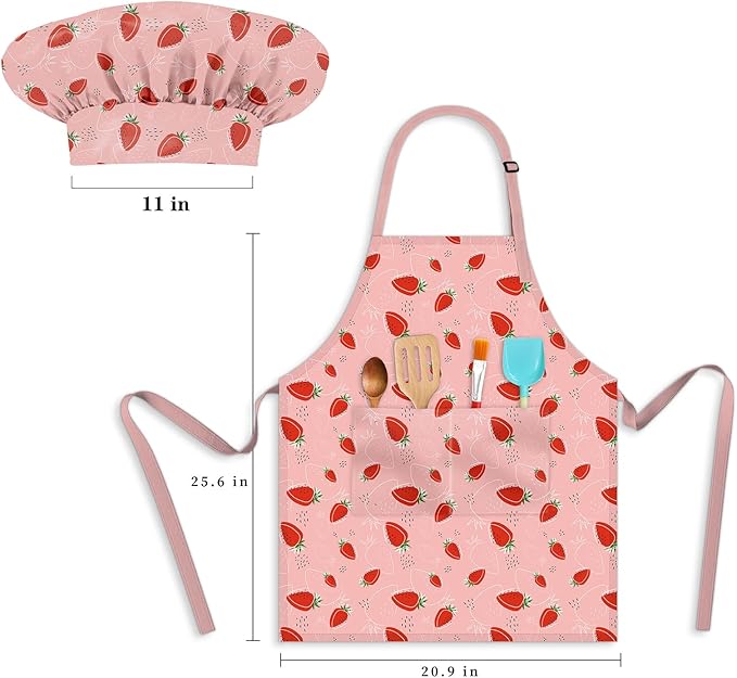 Kids Chef Hat and Apron, Adjustable Kids Aprons with Pocket Girls Boys Kitchen Toddler Aprons for Cooking Baking