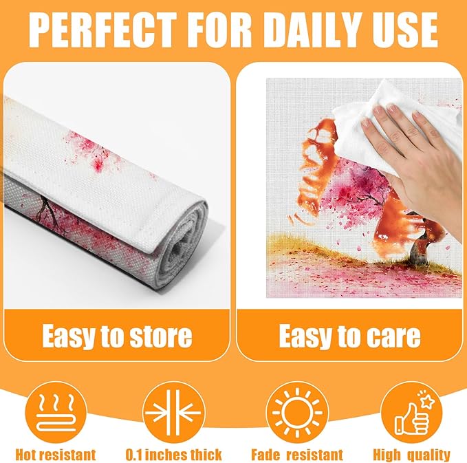 Cherry Blossom Flower Tree Placemats Set of 6,12 x 18 Inch Table Mats Washable Heat Resistant Linen Fabric Rectangle Place Mat for Party Home Kitchen Dining