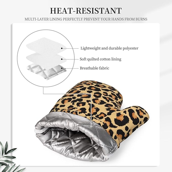 Brown Leopard Print Animal Skin Oven Mitts and Pot Holders 4 pcs Set Silicone Cheetah Print Kitchen Oven Mitt Gloves Pot Holders Non-Slip Heat Resistant Cooking Mitts Set for Kitchen Baking