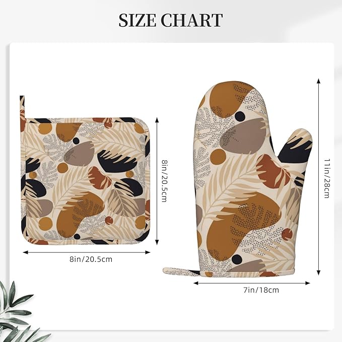 Boho Tropical Leaves Oven Mitts and Pot Holders 4 pcs Set Silicone Botanical Plant Kitchen Oven Mitt Gloves Farmhouse Pot Holders Non-Slip Heat Resistant Cooking Mitts Set for Kitchen Baking