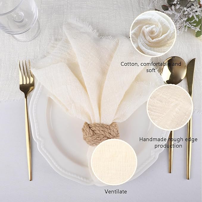 Cotton Blend Fringe Cloth Napkins - Crinkle Gauze Dinner Napkins, Reusable & Washable Table Napkins, 17" x 17" (43 x 43 cm), Multiple Colors, 12/24/48/100 Pack (24, Beige)